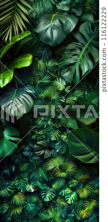 Lush Tropical Foliage with Various Green Leaves Lush Tropical Foliage with Various Green Leaves 116122229