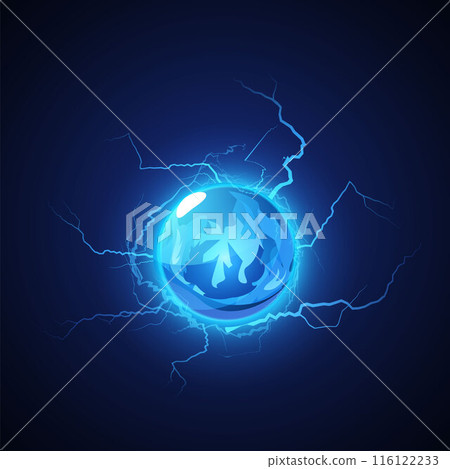 Blue powerful plasma sphere with lightning, 3D vector graphics. Blue powerful plasma sphere with lightning, 3D vector graphics. 116122233
