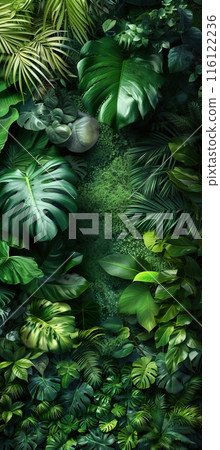 Lush Tropical Foliage with Various Green Leaves 116122236