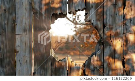 Rustic Wooden Fence with Hole Revealing Landscape Rustic Wooden Fence with Hole Revealing Landscape 116122269