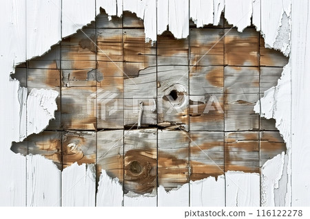 Broken White Wooden Fence with Peeling Paint 116122278