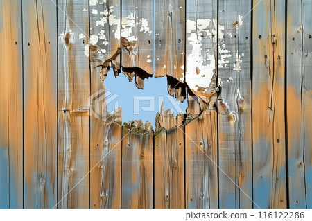 Broken Wooden Fence with Large Hole 116122286