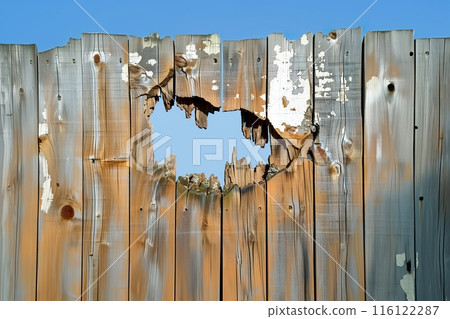 Broken Wooden Fence with Large Hole Broken Wooden Fence with Large Hole 116122287