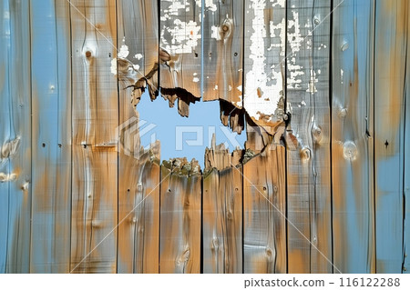 Broken Wooden Fence with Large Hole Broken Wooden Fence with Large Hole 116122288