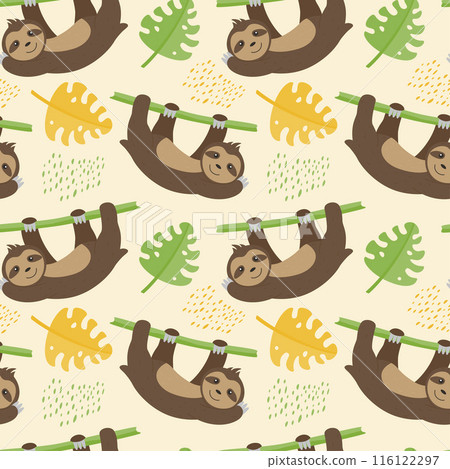 Children's animal seamless pattern. Funny sloth on a green background with leaves and dots. Vector illustration in a flat style. 116122297