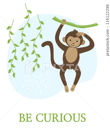 Children's A4 poster drawing with an image of an animal. Funny monkey on the background of hanging leaves. Be curious. Vector illustration in a flat style. 116122298