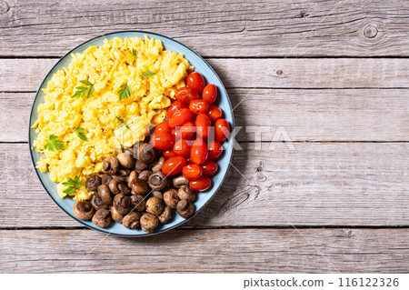 Homemade scrambled eggs with mushrooms and cherry tomatoes Homemade scrambled eggs with mushrooms and cherry tomatoes 116122326