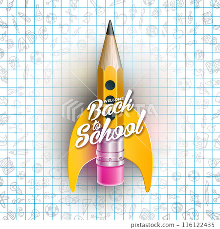 Back to School Design with Flying Rocket Pencil and Typography Lettering on Checkered Paper Background. Vector School Education Illustration with Hand Drawn Doodles for Greeting Card, Banner, Flyer 116122435