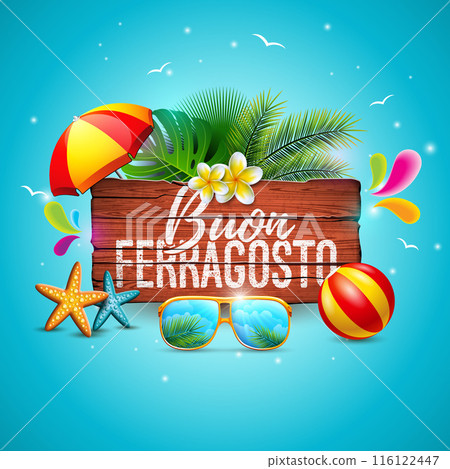 Buon Ferragosto Italy Summer Festival Design with Summer Holiday Elements and Typography Letter on vintage Wood Background. Vector Italian Language Illustration for Banner, Flyer, Invitation, Brochure 116122447