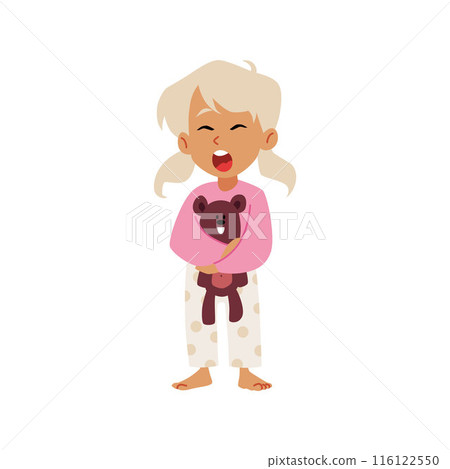 Cute sleepy blond girl wearing pajamas holding teddy bear toy and yawning vector flat illustration kid waking up bedtime Cute sleepy blond girl wearing pajamas holding teddy bear toy and yawning vector flat illustration kid waking up bedtime 116122550