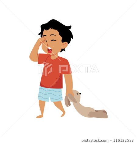 Vector illustration with a sleepy boy holding a toy rabbit and yawning while rubbing his eye Vector illustration with a sleepy boy holding a toy rabbit and yawning while rubbing his eye 116122552
