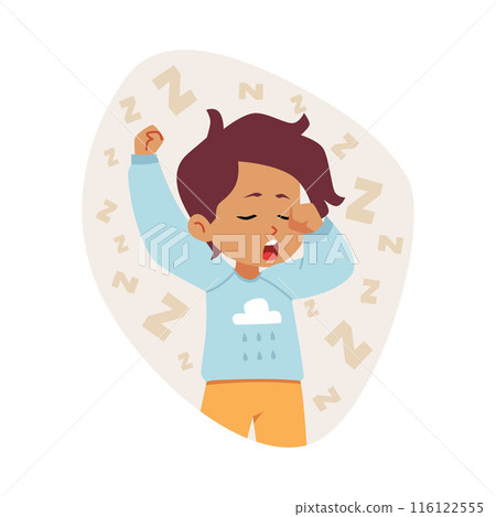 A vector illustration depicting a yawning a little boy in pajamas, ready for bed 116122555