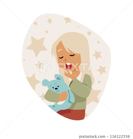 A child yawns, dressed in pajamas with a toy. Flat style. A child yawns, dressed in pajamas with a toy. Flat style. 116122556