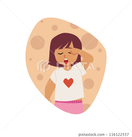 Cute sleepy girl wearing pajamas standing and yawning vector illustration in decorative frame, kid waking up bedtime 116122557