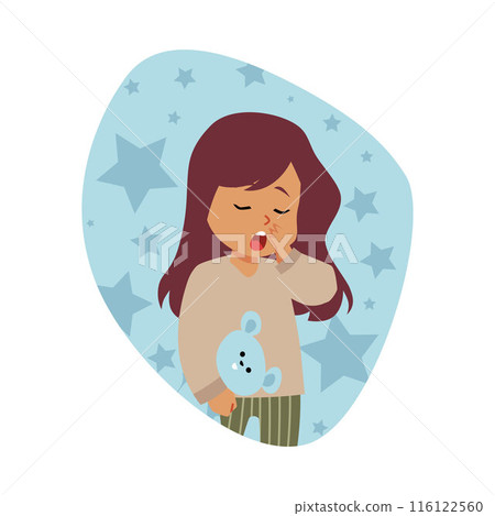 Sleepy child in pajamas, with a toy in his hand, starry background. Sleepy child in pajamas, with a toy in his hand, starry background. 116122560