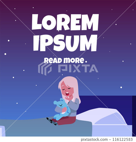 Vector poster of a blonde girl hugging a teddy bear, getting ready for bed. Vector poster of a blonde girl hugging a teddy bear, getting ready for bed. 116122583