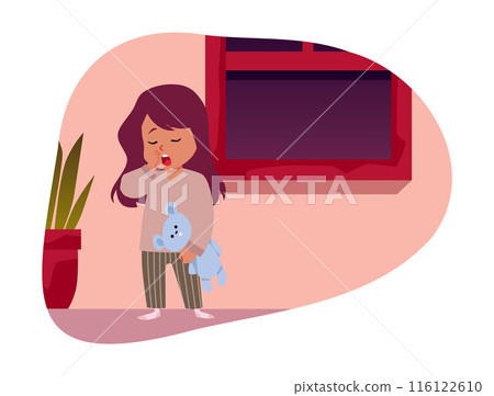 Yawning girl in pajamas and holding a toy, vector scene. 116122610