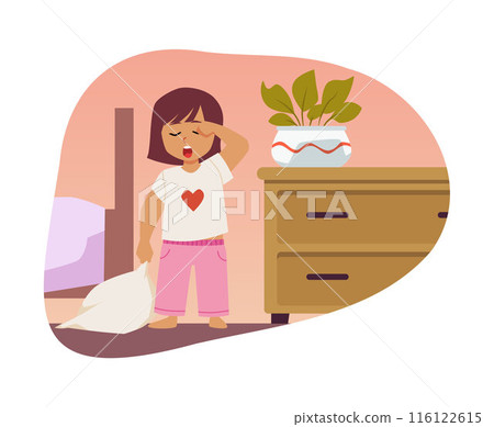 Cute sleepy girl holds a pillow in her room in a vector bedtime preparation scene Cute sleepy girl holds a pillow in her room in a vector bedtime preparation scene 116122615