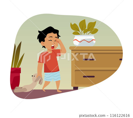 A vector scene with a sleepy boy in pajamas who hugs a toy rabbit A vector scene with a sleepy boy in pajamas who hugs a toy rabbit 116122616