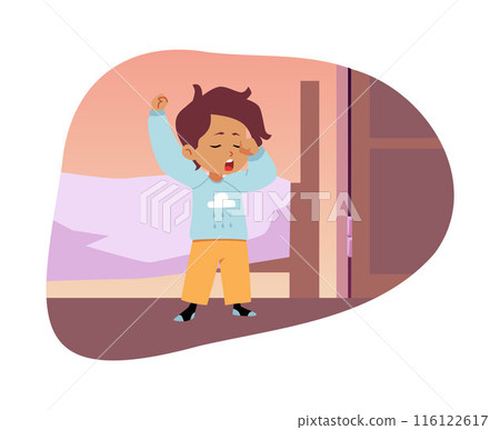 Sleepy boy in pajamas and bedroom, vector scene. Flat style. Sleepy boy in pajamas and bedroom, vector scene. Flat style. 116122617