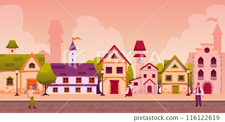 Streets and characters of a medieval city in cartoon style. Streets and characters of a medieval city in cartoon style. 116122619