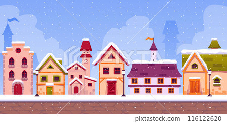 Medieval cityscape in winter, vector flat illustration. Medieval cityscape in winter, vector flat illustration. 116122620