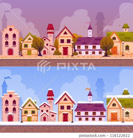 Vector illustration of a medieval city: winter and autumn scenes. Vector illustration of a medieval city: winter and autumn scenes. 116122622