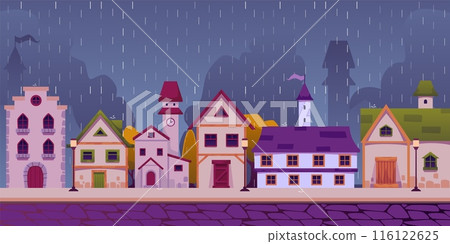 Vector illustration "Medieval city" depicting cottages with stone architecture against a background of rain 116122625