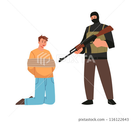 Vector graphics which depicts a man in a balaclava threatening a bound prisoner with a pistol 116122643