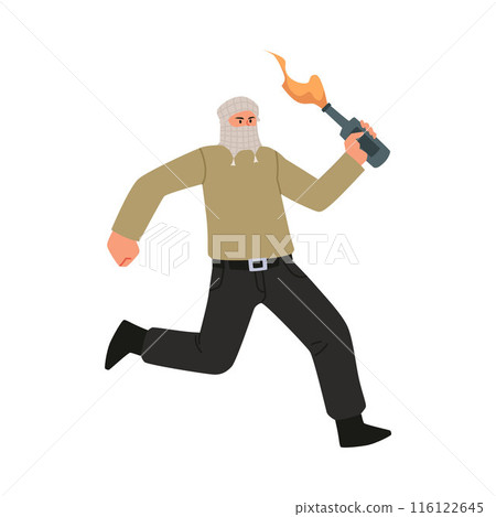 Vector illustration of a man with a covered face holding a Molotov cocktail. 116122645