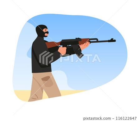 Terrorist in black mask with firearm, vector criminal person holding machine gun, killer or murderer, radical extremism 116122647