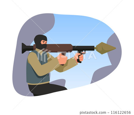 A man in a balaclava holds a rocket launcher. Sticker on isolated background. 116122656