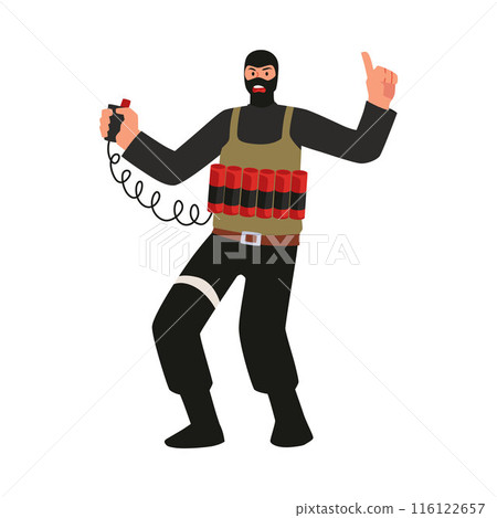 A man wearing a mask and holding a remote control for a bomb on an isolated background. 116122657
