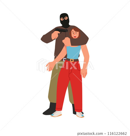 Vector illustration on the theme of terrorists and hostages. 116122662