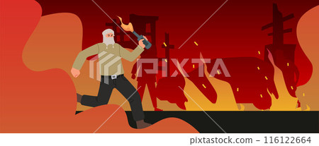 Terrorist in mask running with burning molotov cocktail bottle, protestor with flammable weapon, handmade gasoline bomb 116122664