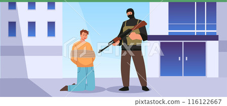 Terrorist in black mask body armor with machine gun attack young man on city street, vector criminal holding guy hostage Terrorist in black mask body armor with machine gun attack young man on city street, vector criminal holding guy hostage 116122667