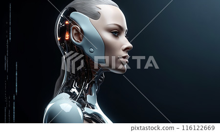 a highly detailed female cyborg with a sleek, metallic design and illuminated internal components 116122669
