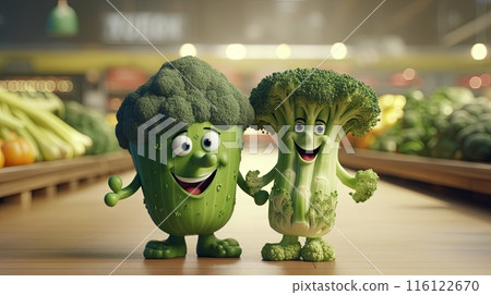 broccoli characters with smiling faces and expressive eyes, holding hands and laughing in a cheerful 116122670