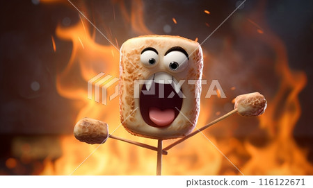 marshmallow on a stick with a terrified expression and vampire-like fangs marshmallow on a stick with a terrified expression and vampire-like fangs 116122671