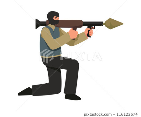 Terrorist in black mask with firearm aiming on knee, vector criminal holding machine gun, killer or murderer, extremism 116122674