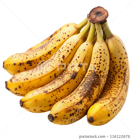 A close-up of a bunch of yellow bananas with a few brown spots, isolated on a white background. 116122678