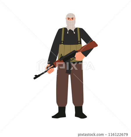 Vector graphics for the anti-terrorism Day, a man in a balaclava with a machine gun. 116122679