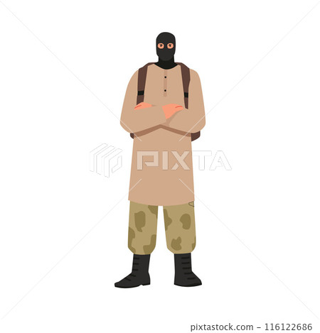 East Islamic commandos terrorist in black mask and backpack standing, criminal in balaclava long shirt extremism vector East Islamic commandos terrorist in black mask and backpack standing, criminal in balaclava long shirt extremism vector 116122686