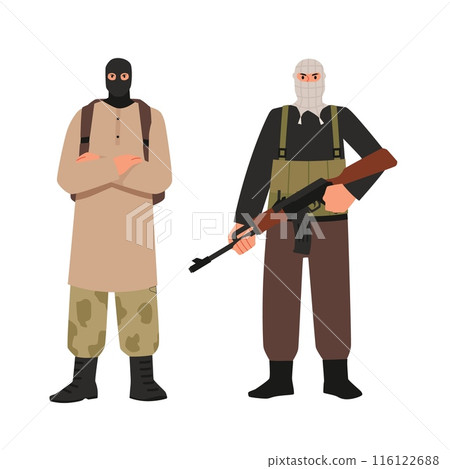 Vector illustration dedicated to the fight against terrorism: two mans in a balaclava with a pistol 116122688