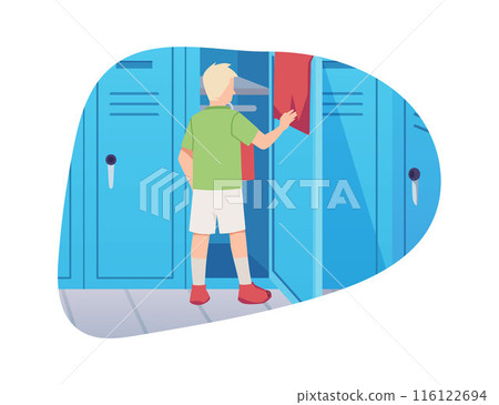 Vector scene where a boy changing clothes stands with his back to an open locker Vector scene where a boy changing clothes stands with his back to an open locker 116122694