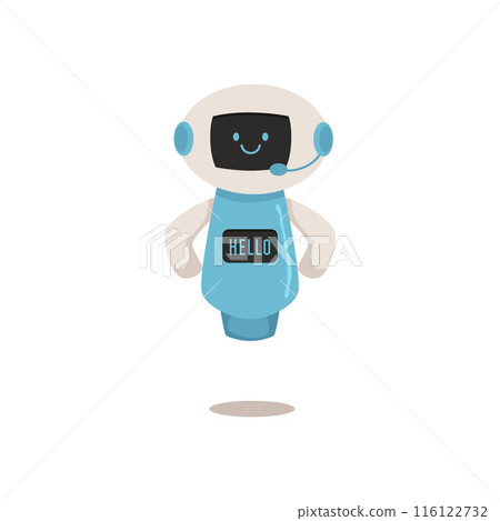 Vector illustration cute robot with headphones and a microphone, created as an online assistant Vector illustration cute robot with headphones and a microphone, created as an online assistant 116122732