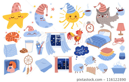 Bedtime sleeping hygiene illustrations set 116122890