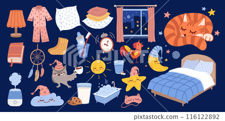 Bedtime sleeping hygiene illustrations set Bedtime sleeping hygiene illustrations set 116122892