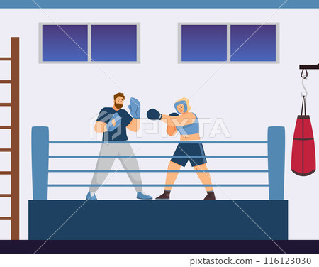 Female boxer training with trainer in the gym, vector style. 116123030