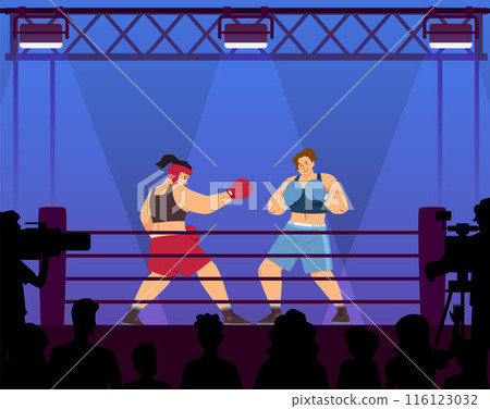 Boxers women in blue and red sportswear boxing on ring with spotlights and spectators, martial sport game competition Boxers women in blue and red sportswear boxing on ring with spotlights and spectators, martial sport game competition 116123032